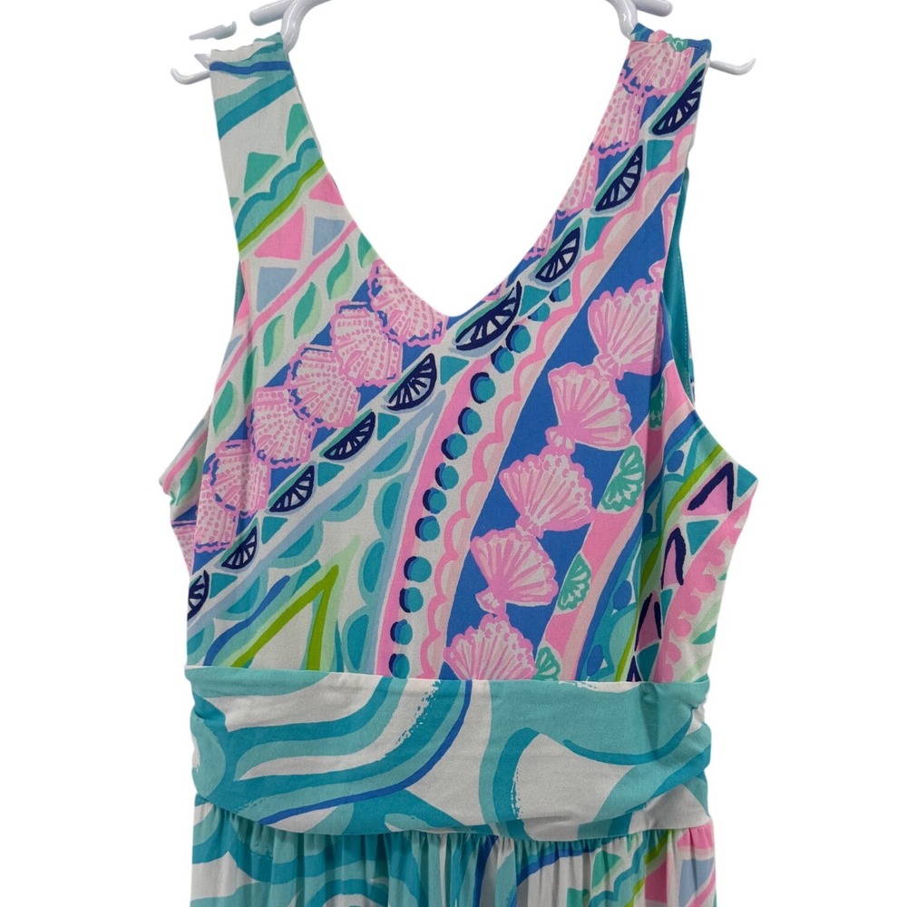 Lilly Pulitzer Pink Blue Coco Island  Print V-Neck Sleeveless Marco Maxi Dress S